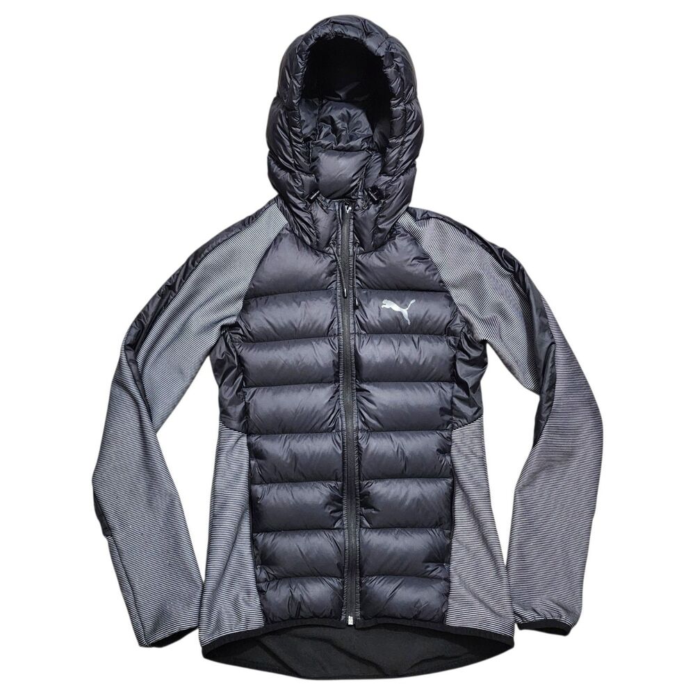 PUMA Jacket Women XS Black Full Zip Puffer Down Hooded Hybrid 600 Fleece Outdoor